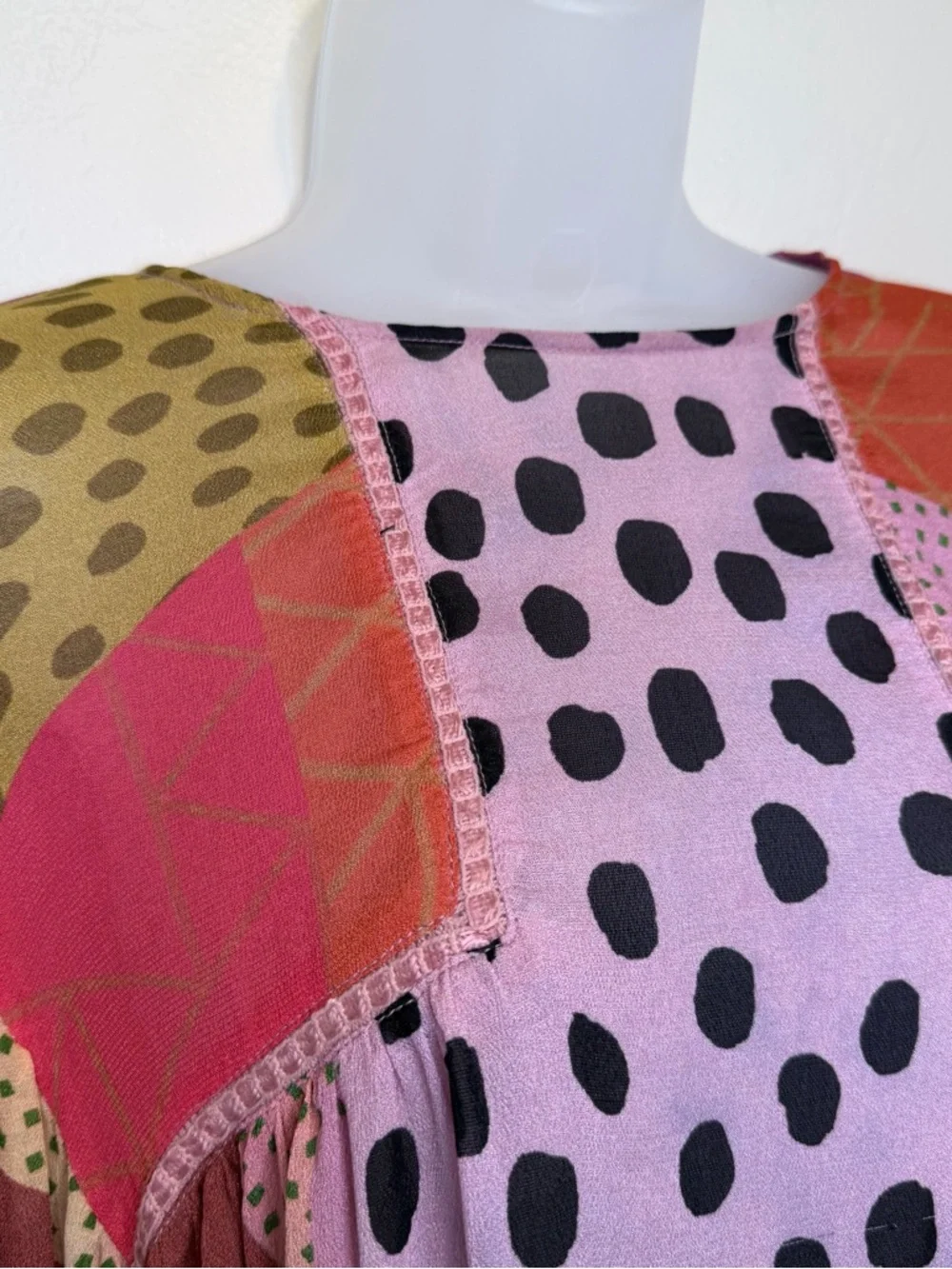 Blank London | Anthro Polka-Dot Patchwork Long Balloon Sleeve Oversized Blouse - Picture 6 of 15